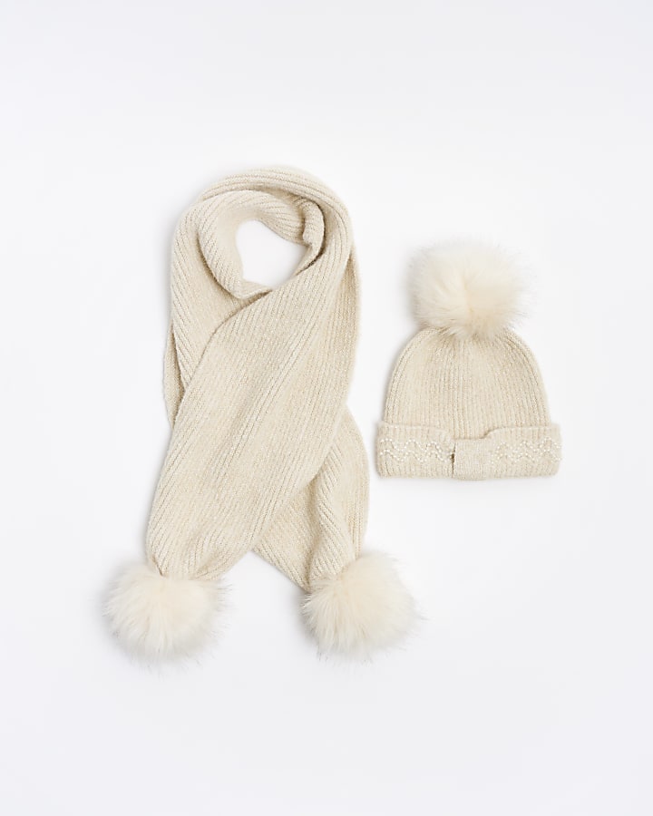 Girls Beige Bow Beanie And Pom Scarf Set