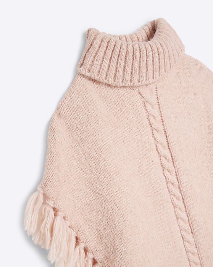 Girls Pink Knitted Tassel Poncho