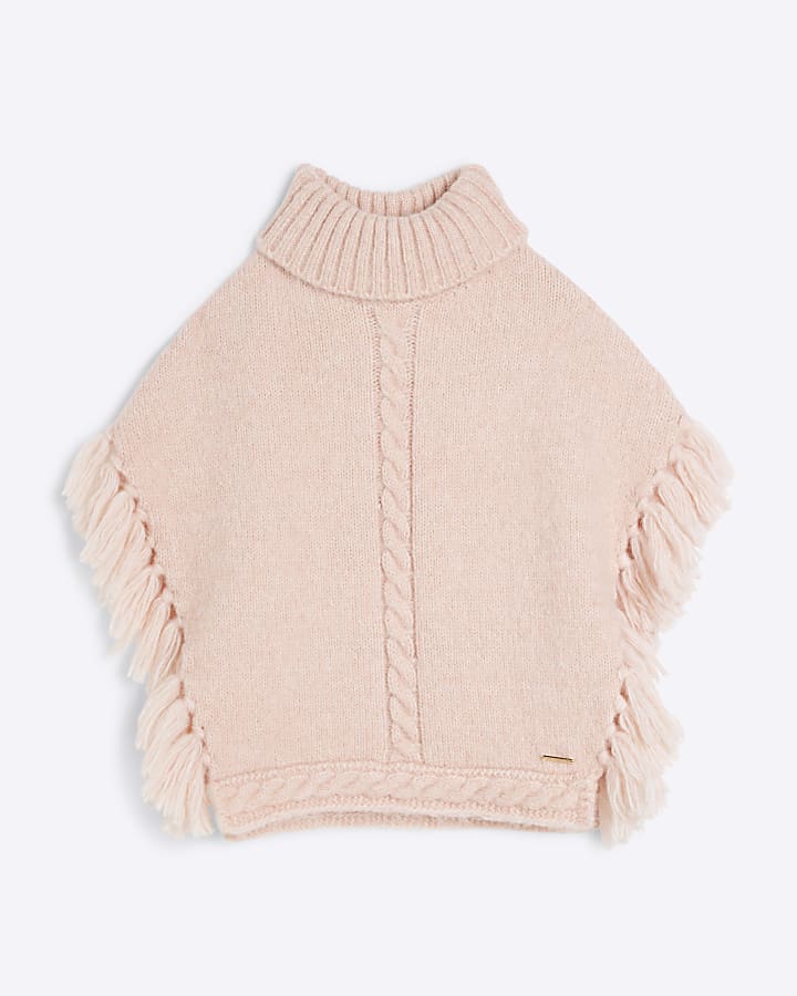 Girls Pink Knitted Tassel Poncho