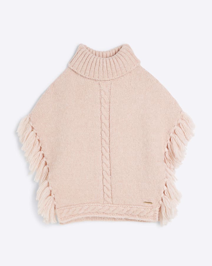 Girls Pink Knitted Tassel Poncho