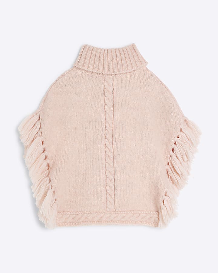 Girls Pink Knitted Tassel Poncho