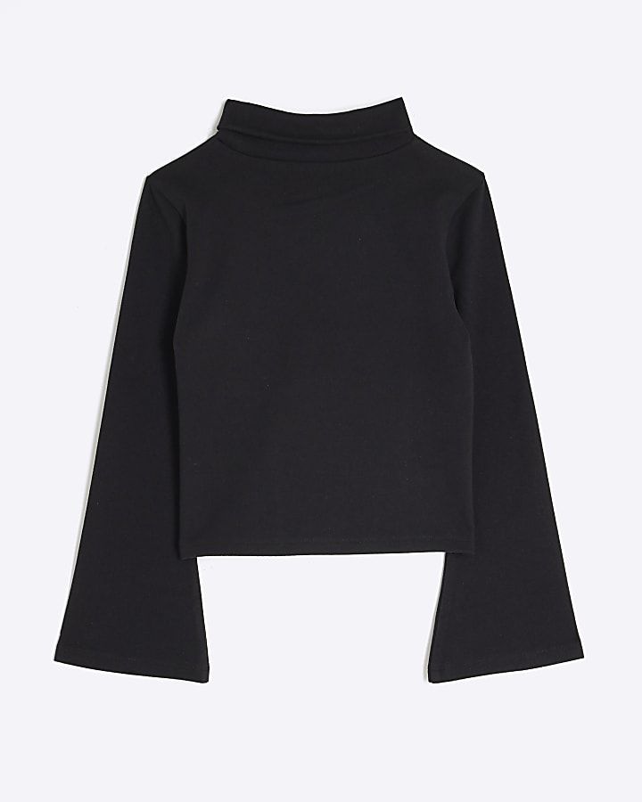 Girls Black Roll Neck Long Sleeve Top