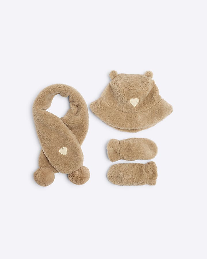 Mini Girls Beige Borg Hat Scarf Mittens Set