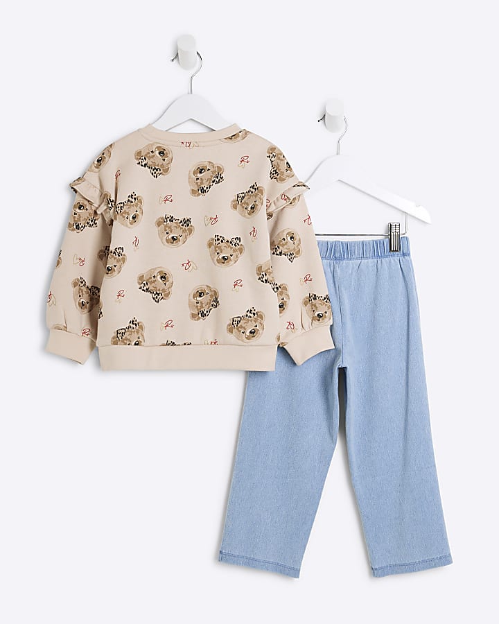 Mini Girls Beige Bear Sweatshirt Set