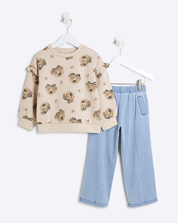 Mini Girls Beige Bear Sweatshirt Set