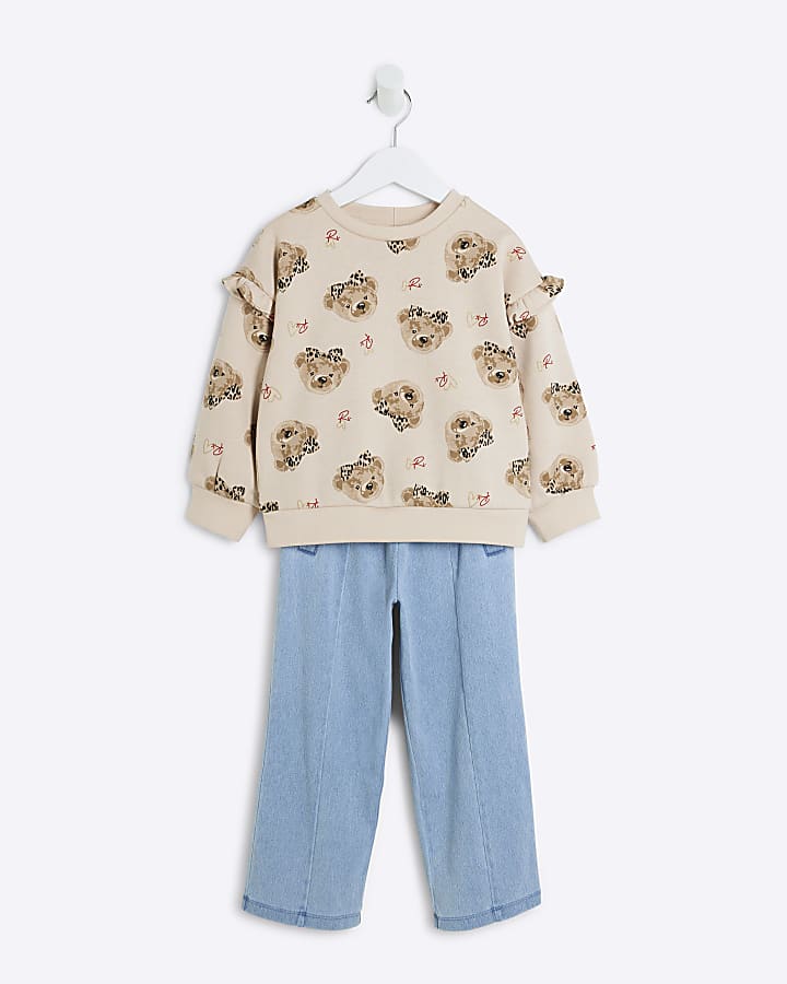 Mini Girls Beige Bear Sweatshirt Set