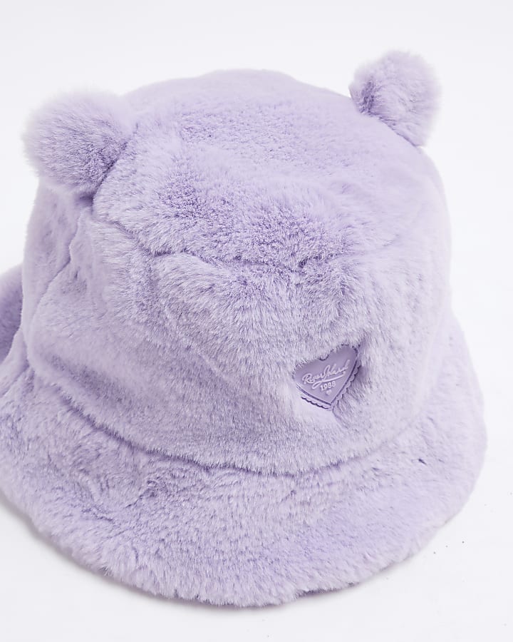 Mini Girls Purple Faux Fur Bucket Hat Set