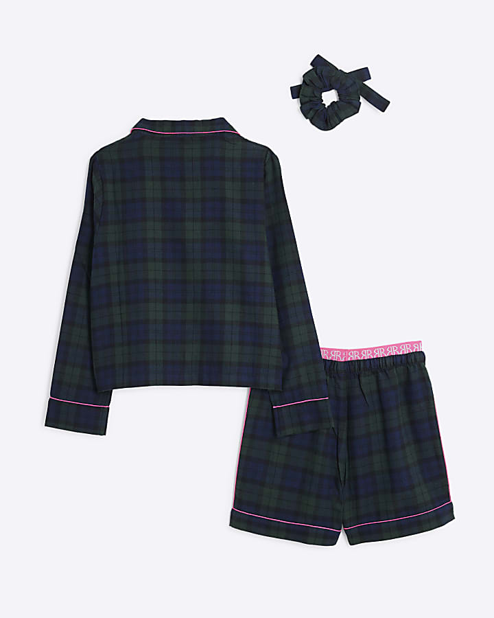 Girls Green Check Pyjama and Scrunchie Set