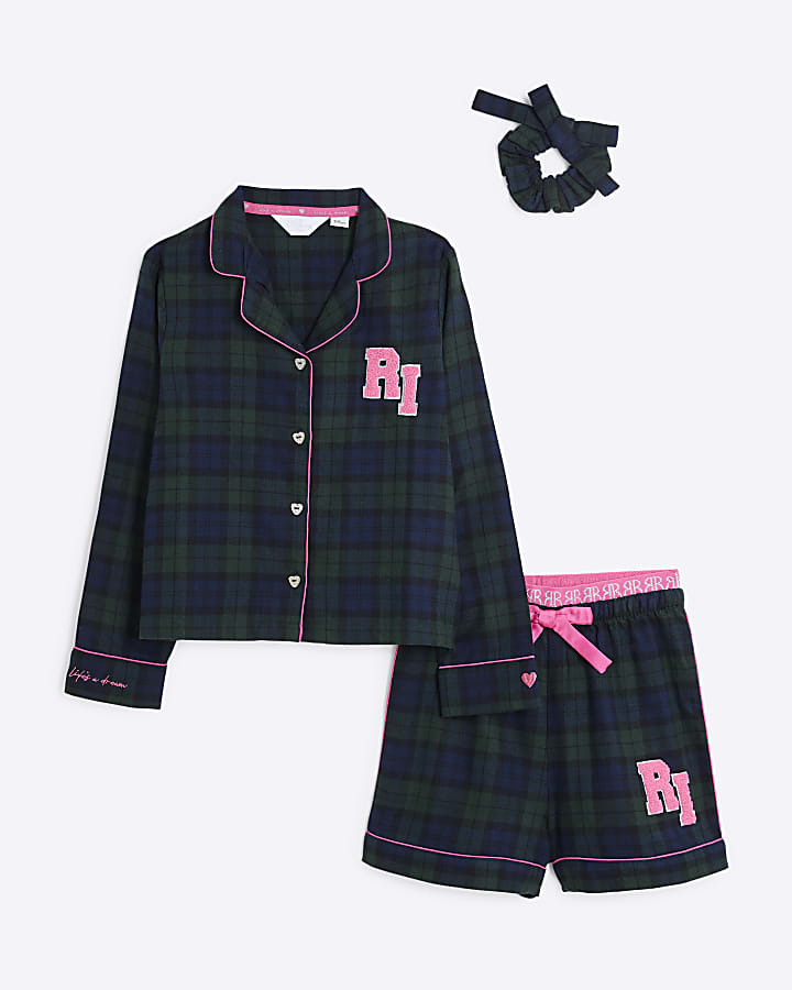 Girls Green Check Pyjama and Scrunchie Set River Island