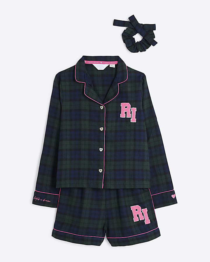 Girls Green Check Pyjama and Scrunchie Set