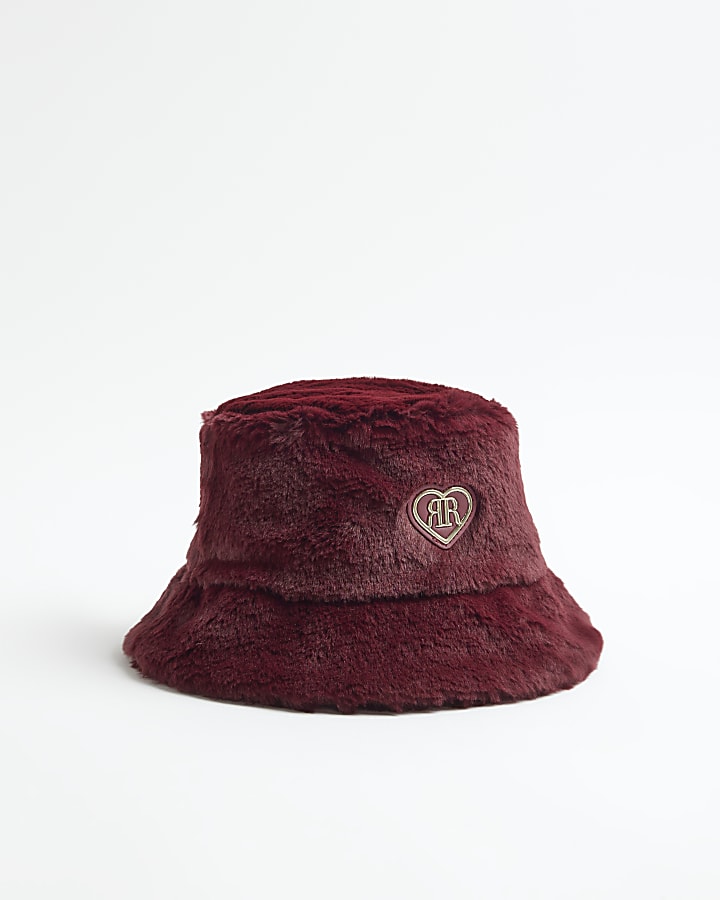 Girls Red Faux Fur Bucket Hat