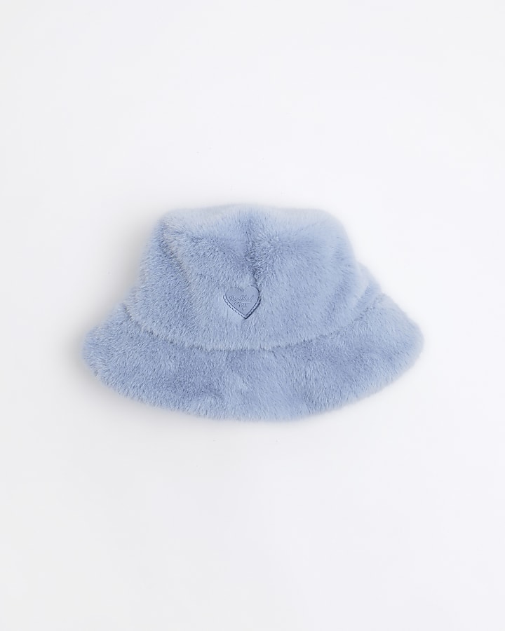 Girls Blue Faux Fur Bucket Hat