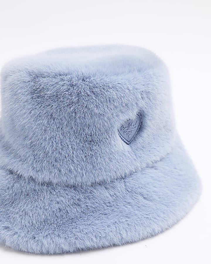 Girls Blue Faux Fur Bucket Hat