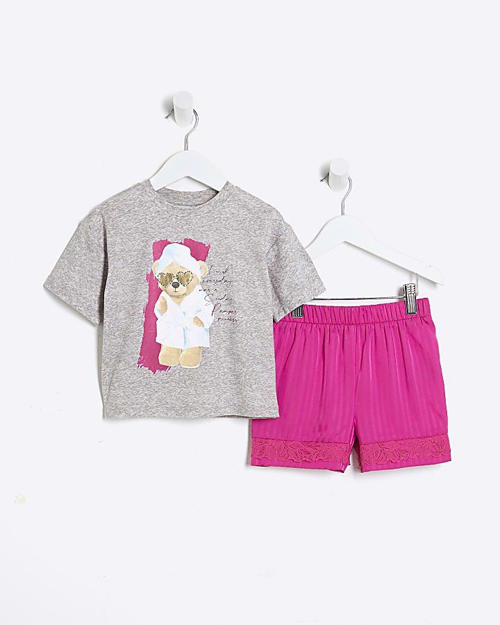 Mini Girls Pink Satin Mix Teddy Pyjamas Set