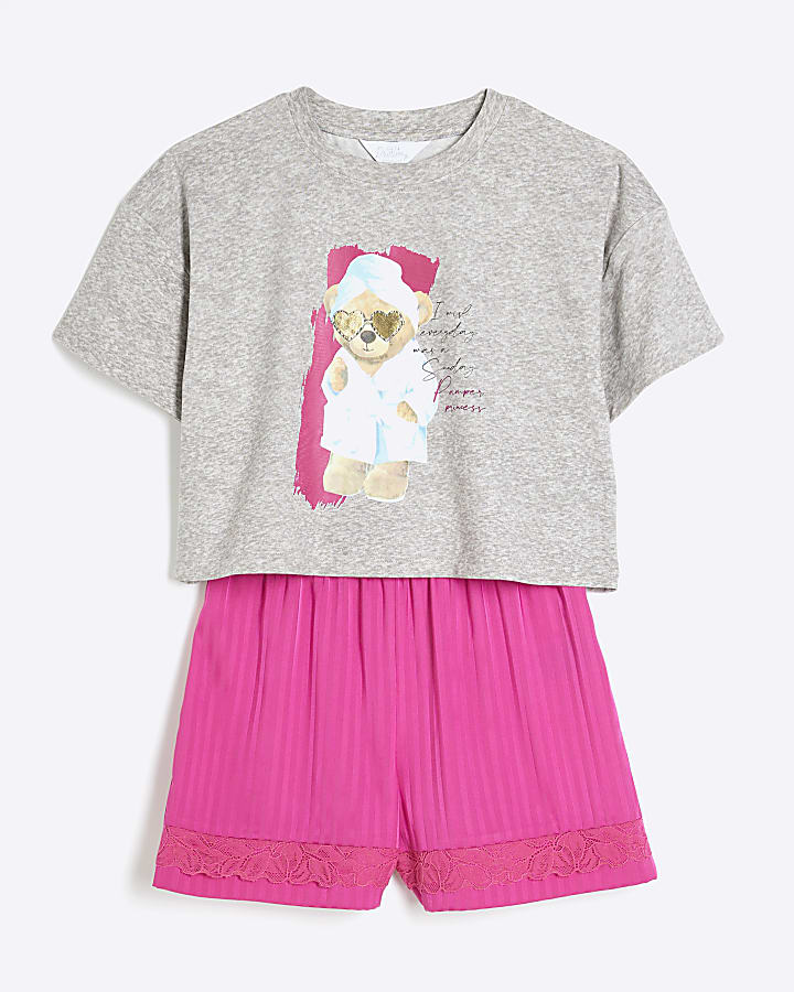 Girls Pink Satin Mix Teddy Pyjamas Set