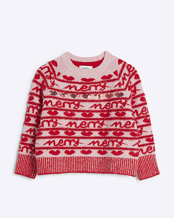 Girls Pink Merry Christmas Jumper