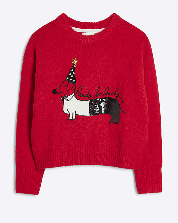 Girls Red Sausage Dog Christmas Jumper