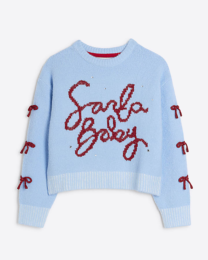 Girls Blue Santa Baby Christmas Jumper