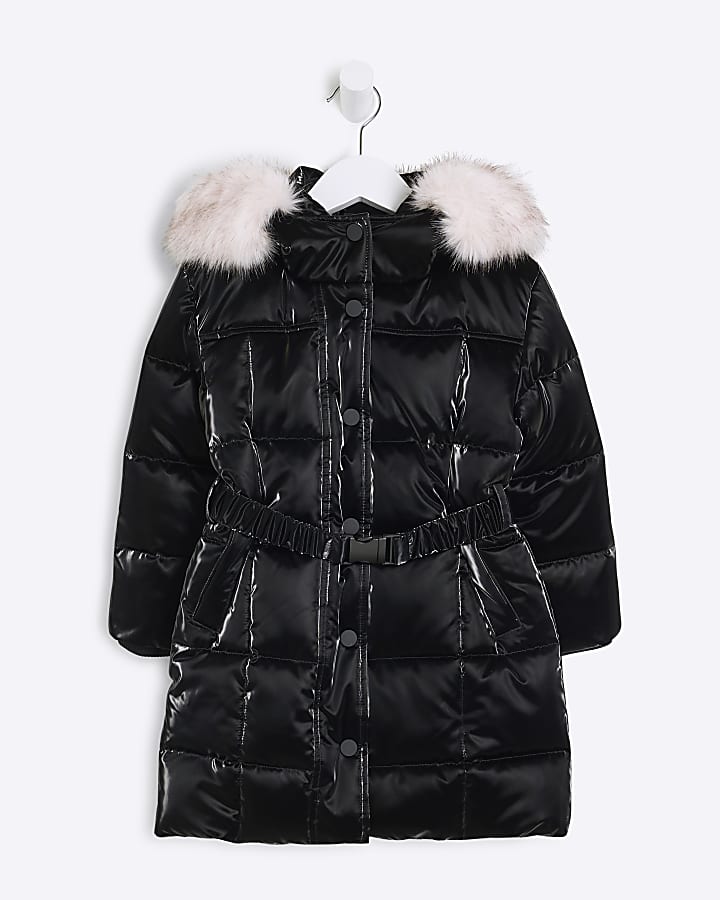 Mini Girls Black Faux Fur Puffer Jacket