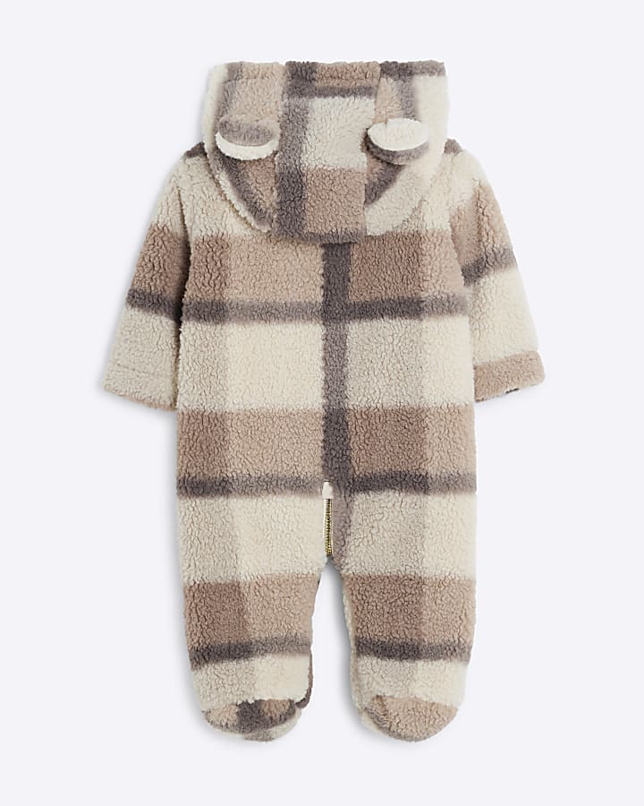 Baby Unisex Beige Borg Checked Pramsuit