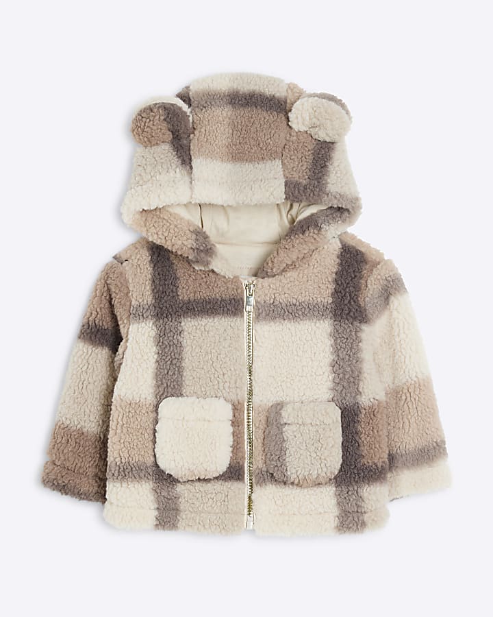 Baby Cream Borg Checked Coat River Island