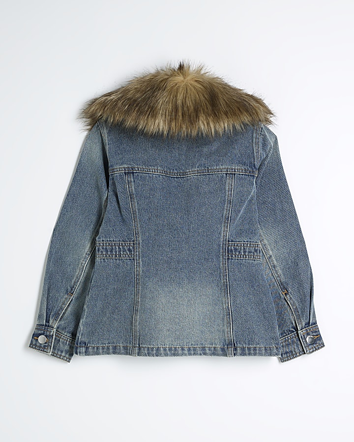 Girls Denim Faux Fur Collar Jacket