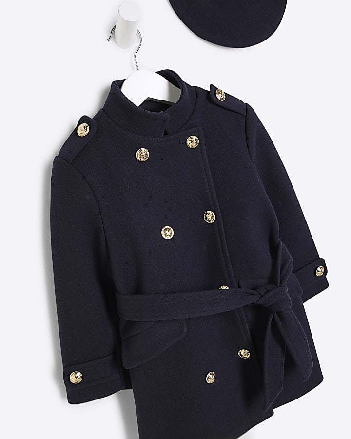 Mini Girls Navy Military Coat And Beret Set