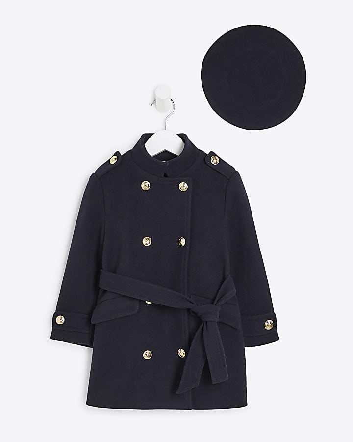 Mini Girls Navy Military Coat And Beret Set