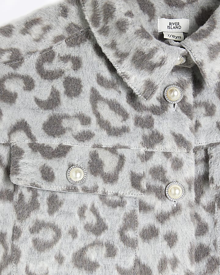 Girls Grey Brushed Leopard Shacket