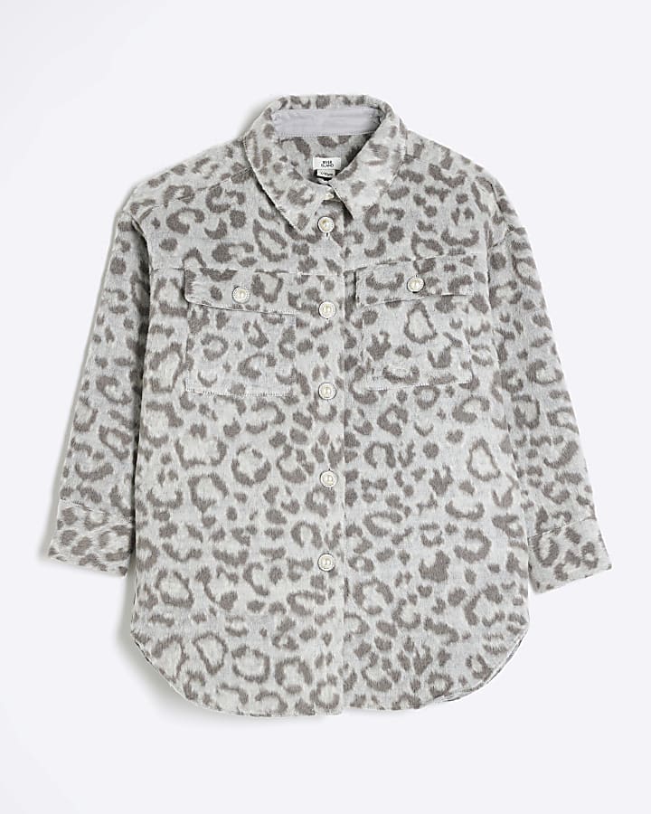 Girls Grey Brushed Leopard Shacket