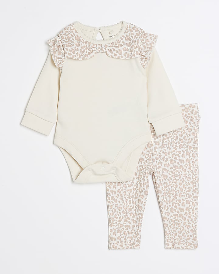 Baby Girls Beige Leopard Bow Babygrow Set