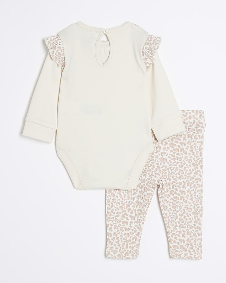 Baby Girls Beige Leopard Bow Babygrow Set