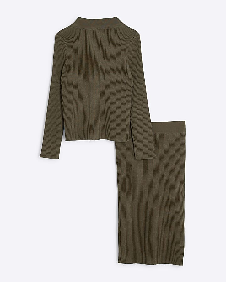 Girls Khaki Military Midi Skirt Set