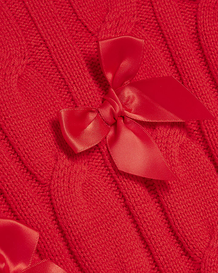 Mini Girls Red Cable Knit Bow Jumper