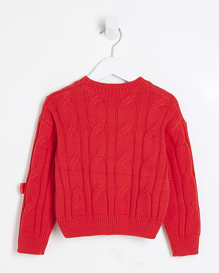 Mini Girls Red Cable Knit Bow Jumper