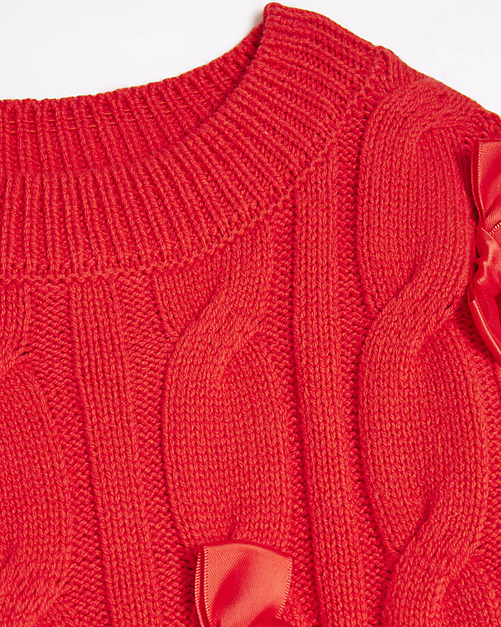 Girls Red Cable Knit Bow Jumper