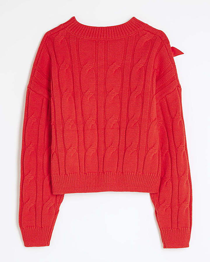 Girls Red Cable Knit Bow Jumper