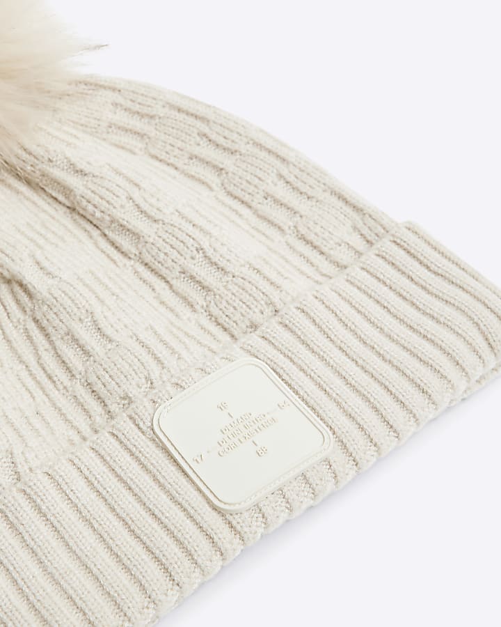 Boys Beige Pom Pom Beanie Hat