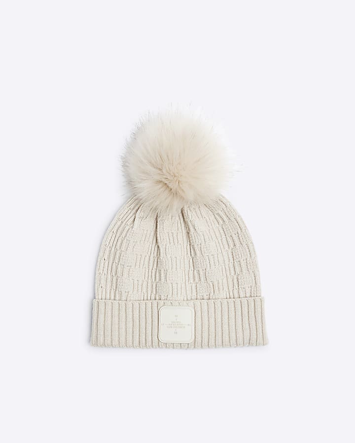Boys Beige Pom Pom Beanie Hat