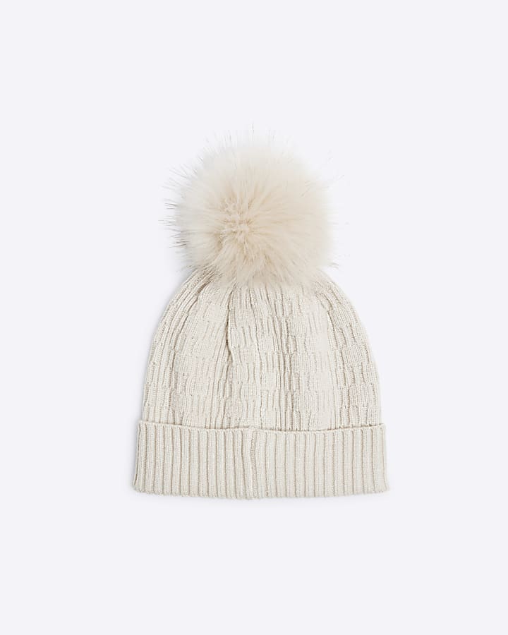 Boys Beige Pom Pom Beanie Hat