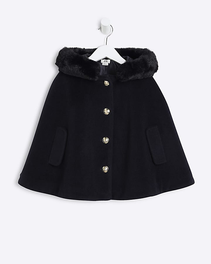 Mini Girls Navy Faux Fur Hooded Cape