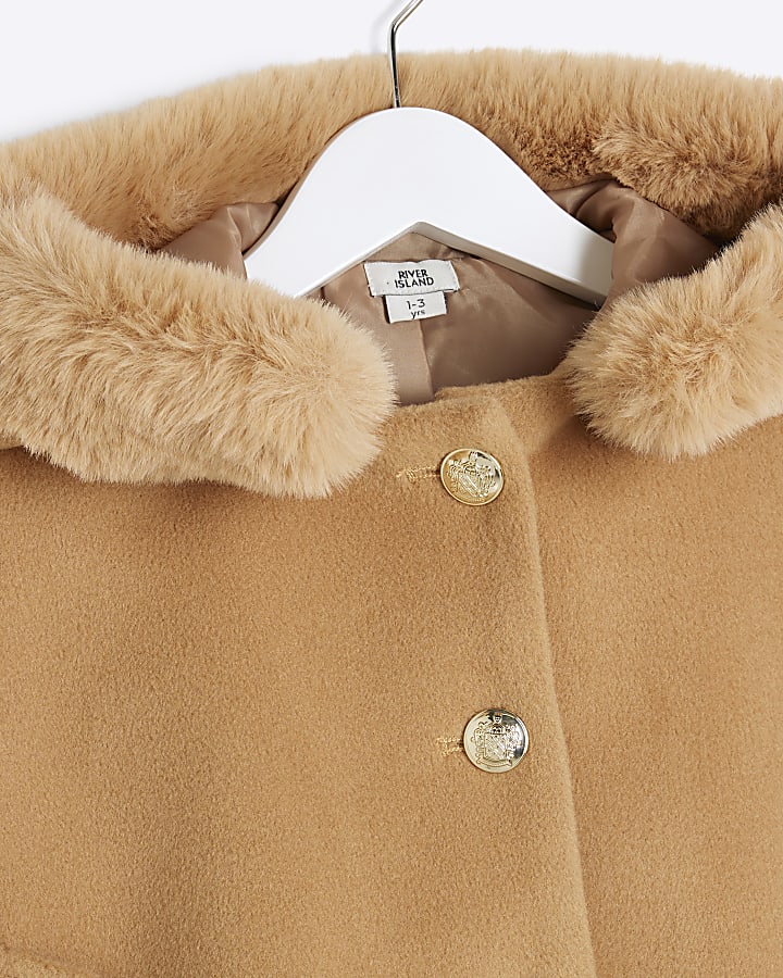 Mini Girls Beige Faux Fur Hooded Cape