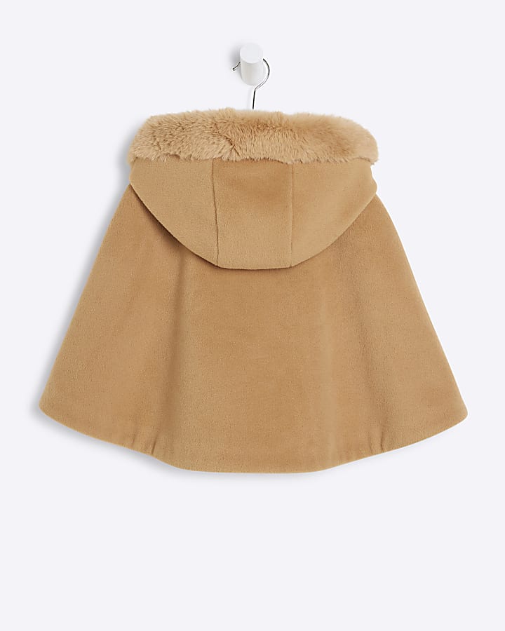 Mini Girls Beige Faux Fur Hooded Cape