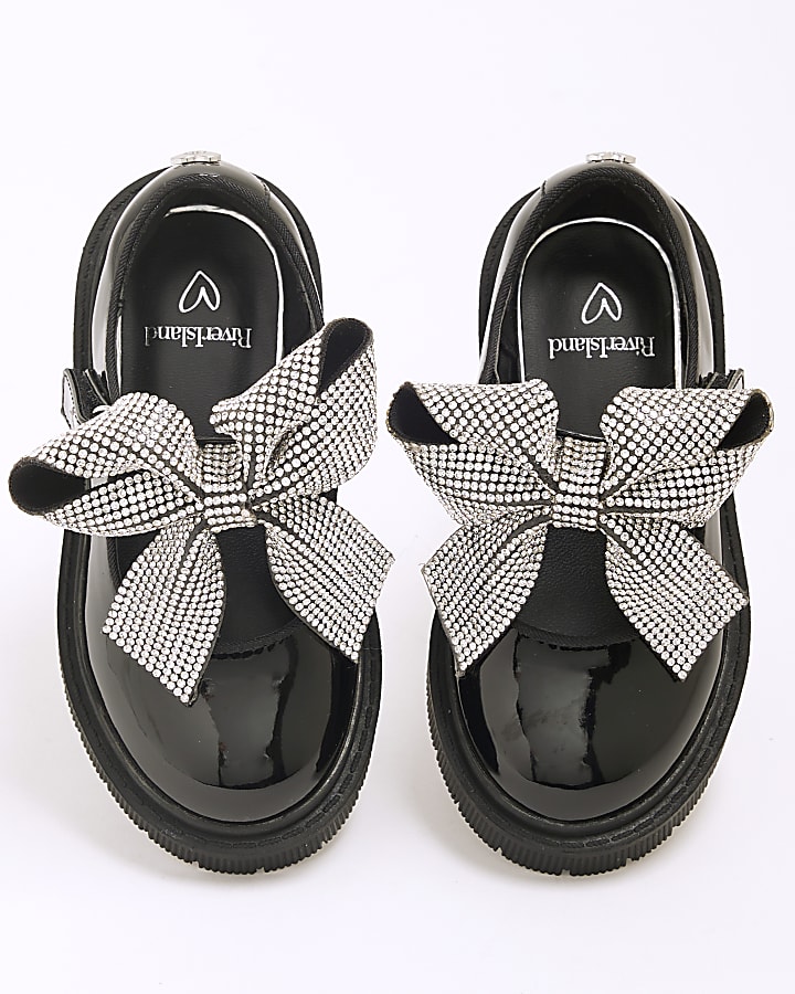 Mini Girls Black Patent Heatseal Bow Shoes