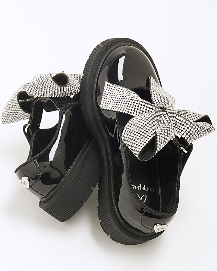 Mini Girls Black Patent Heatseal Bow Shoes