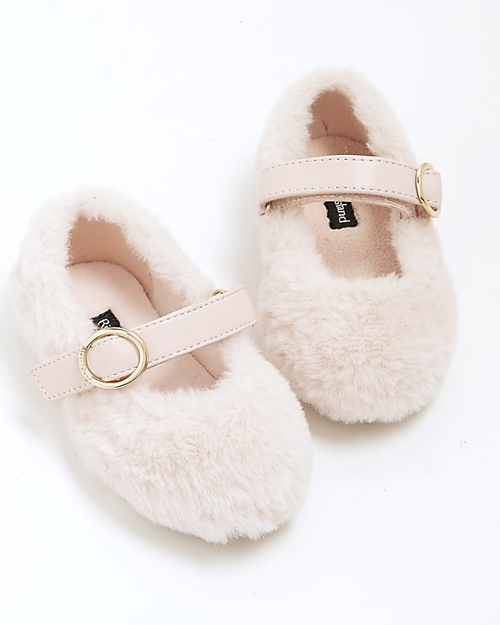 Mini Girls Pink Faux Fur Ballet Slippers