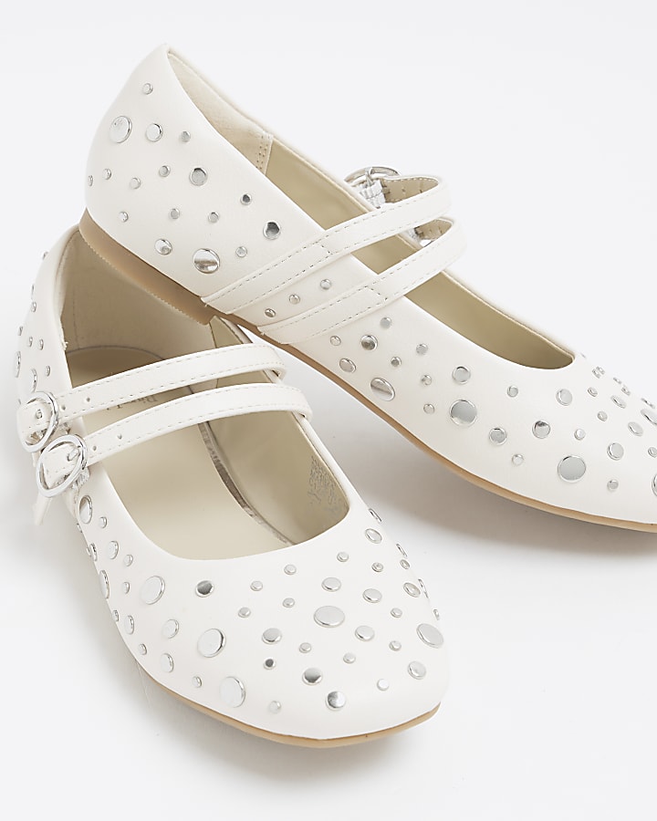 Girls Cream Faux Leather Stud Ballet Shoes