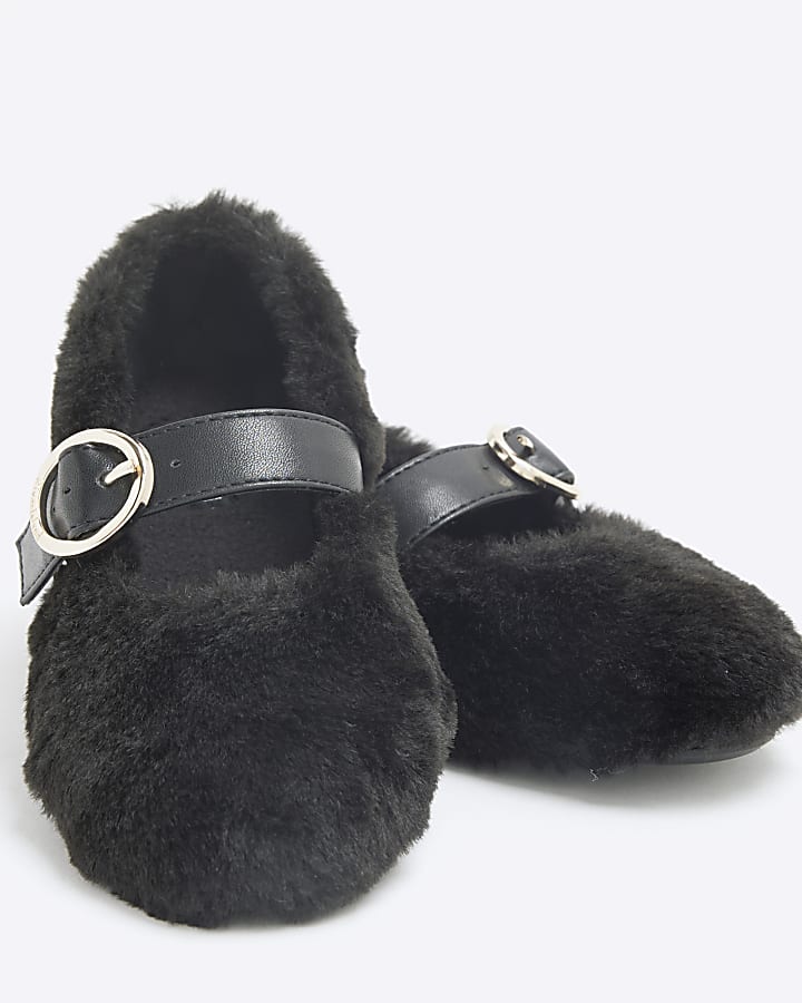 Girls Black Faux Fur Ballet Slippers