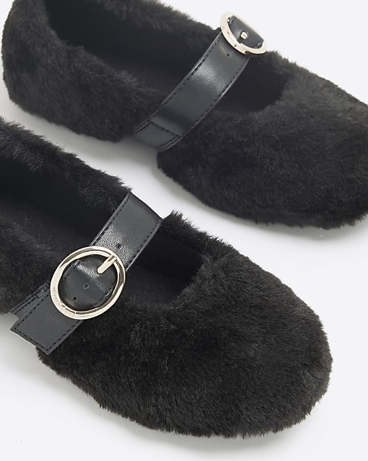 Girls Black Faux Fur Ballet Slippers