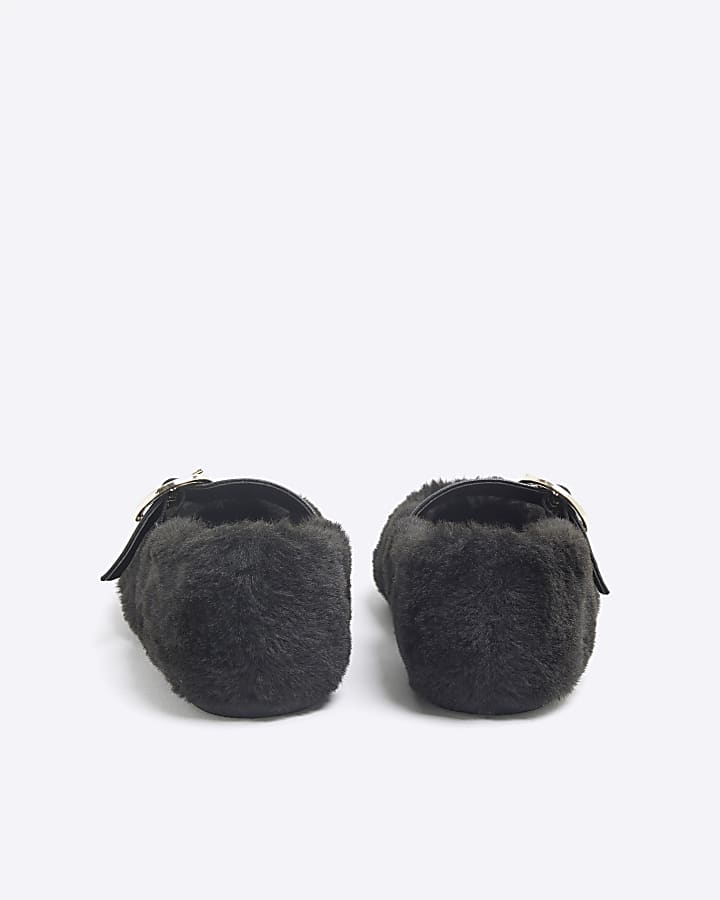 Girls Black Faux Fur Ballet Slippers